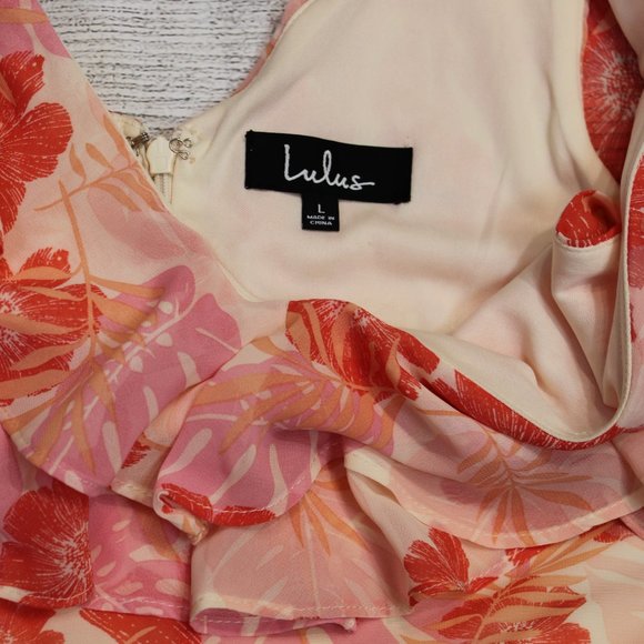 Lulus Cream & Hues of Pink Chiffon Maxi Dress Women's Floral Ruffled Size L - Picture 11 of 13